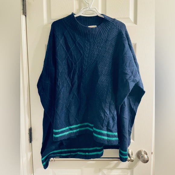 New Free People Harbour Stripe Cable Poncho Navy One Size Cape Sweater - Picture 7 of 7
